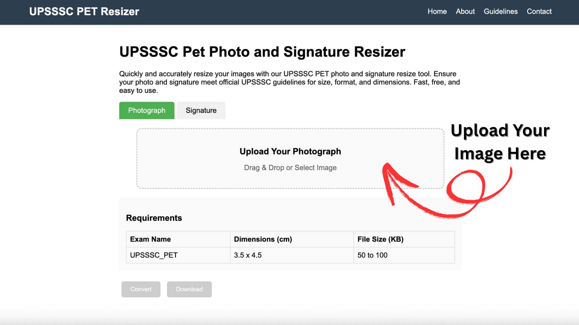 Uploading image to the resizer tool
